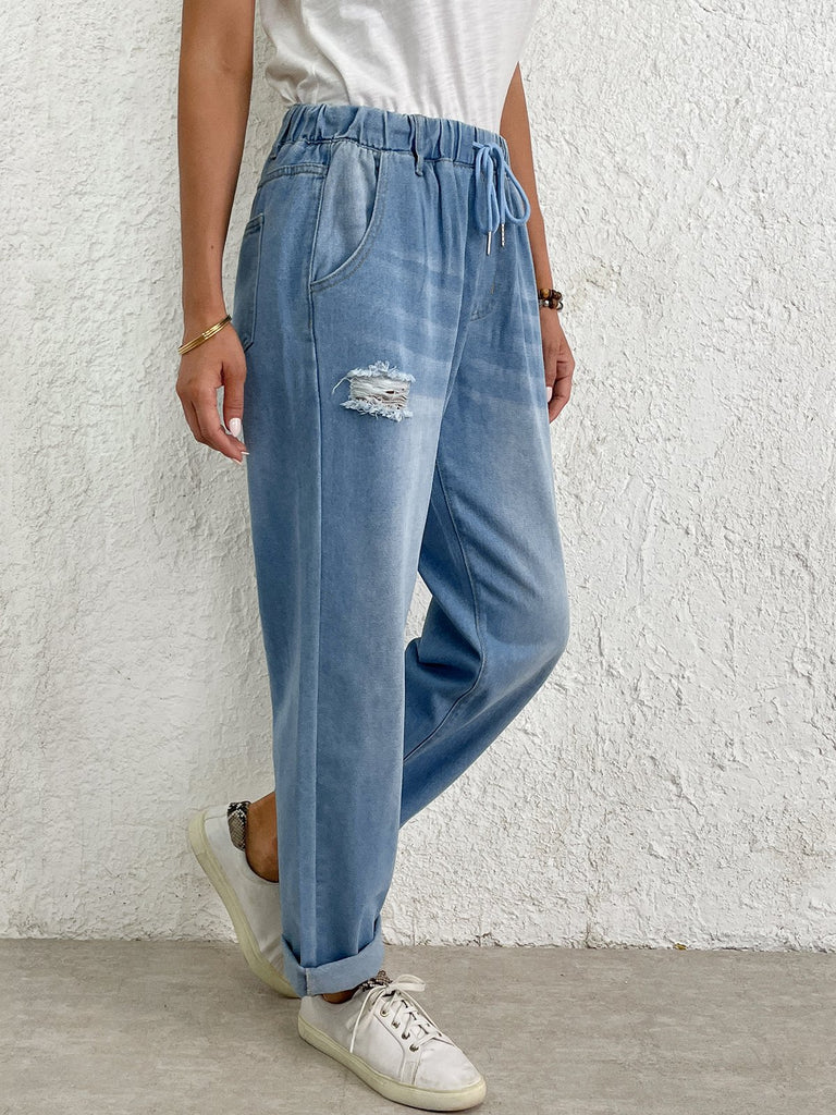 Fashion Plain Ripped Loose Ankle Pants