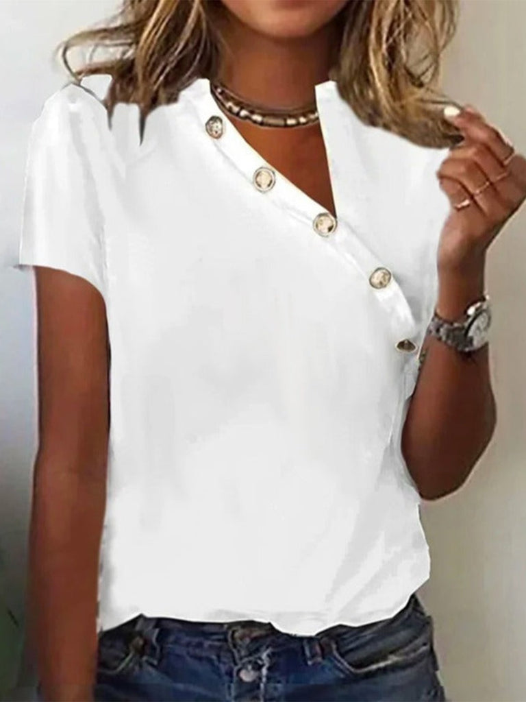 Fashion Short Sleeve Asymmetrical Collar Plain Regular T-Shirt
