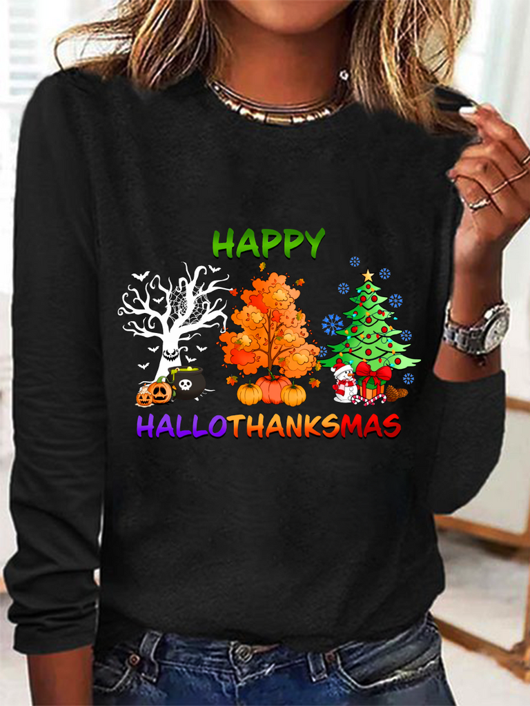 Fashion Crew Neck Long Sleeve Text Letters Loose Regular Blouses