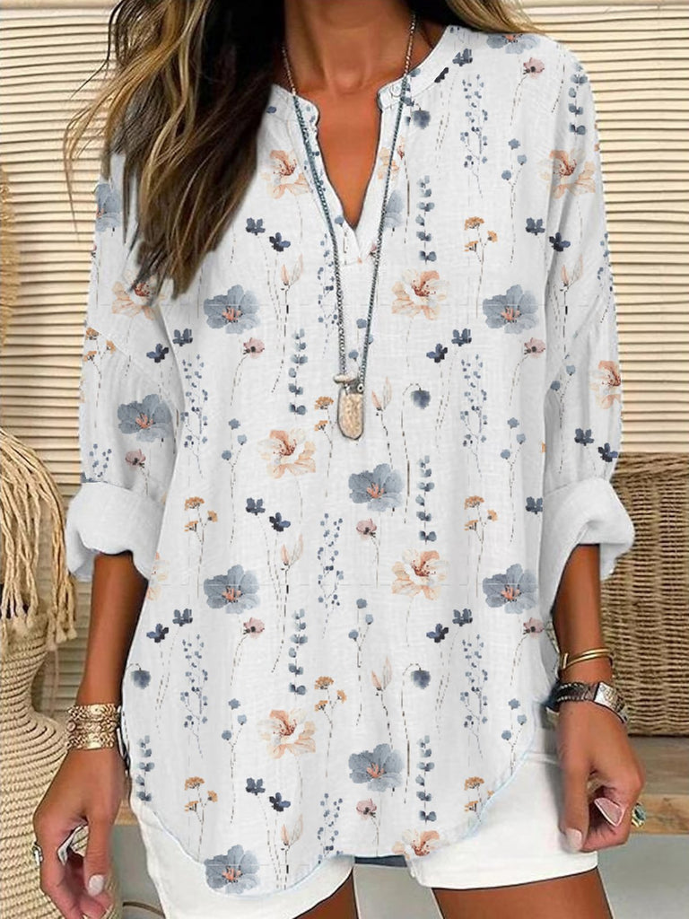 Fashion Long Sleeve Notched Floral Loose Regular Blouse