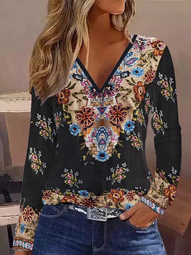 Casual V Neck Long Sleeve Floral Regular T-Shirt