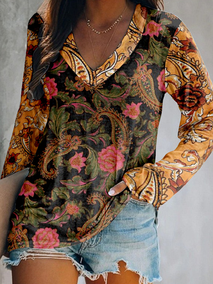 Loose V Neck Long Sleeve Floral Vintage Regular T-Shirt