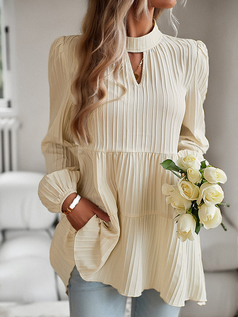 Fashion Long Sleeve Notched Plain Loose Regular Blouse