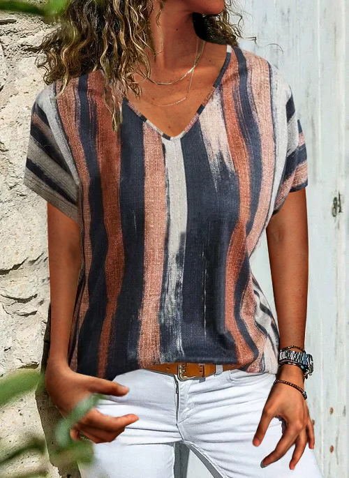V Neck Short Sleeve Striped Fashion Regular T-Shirt