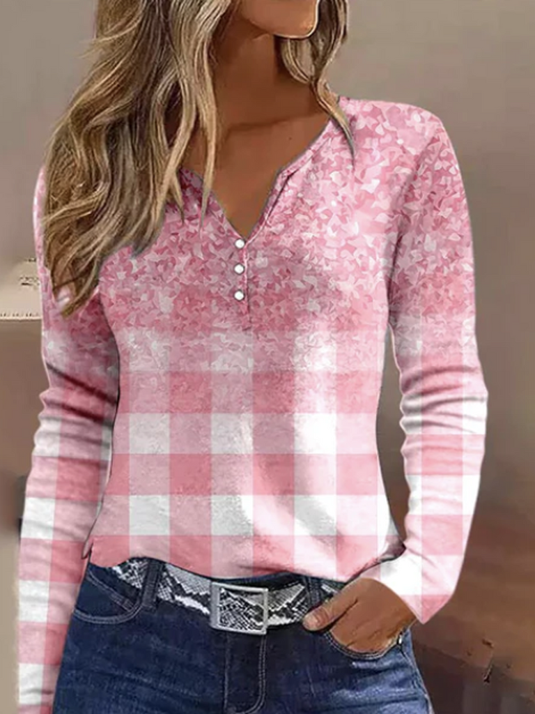 Loose Long Sleeve Notched Plaid Fashion Regular T-Shirt