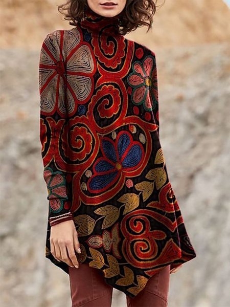 Fashion Long Sleeve Turtleneck Ethnic Loose Regular Blouse