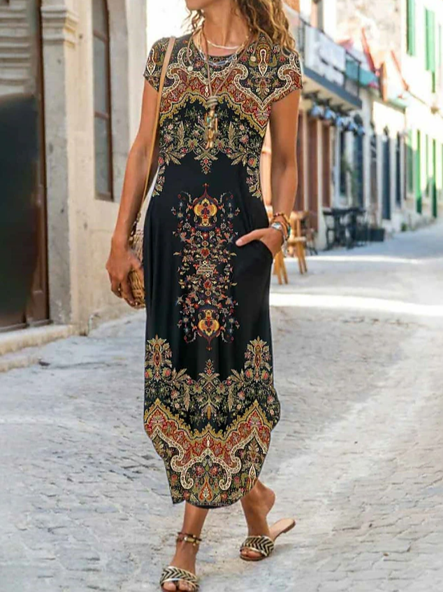 Fashion Short Sleeve Crew Neck Nationality Maxi Dress