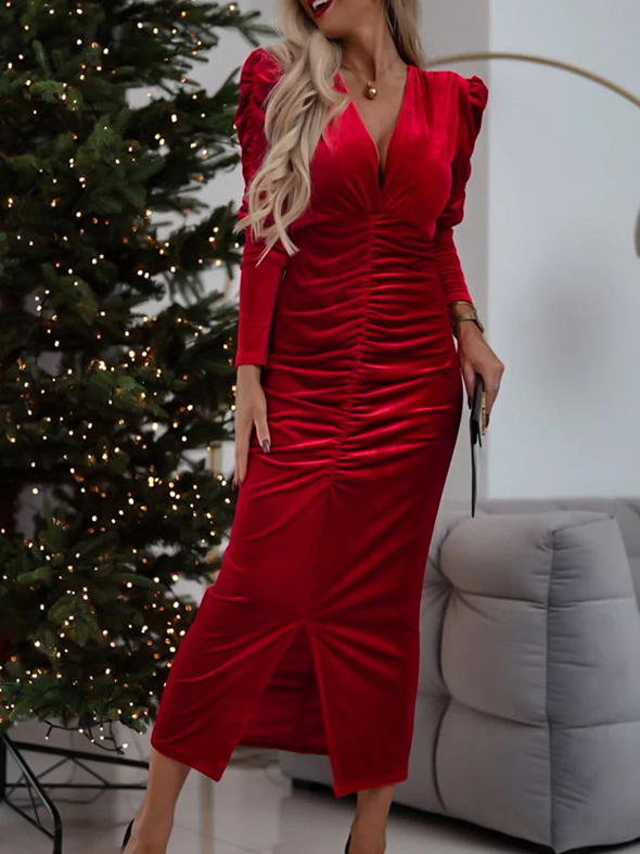 Fashion V Neck Long Sleeve Plain Lace Maxi Dress