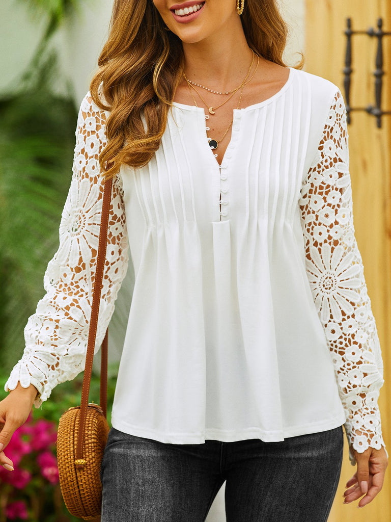 Loose Long Sleeve Notched Plain Hollow Out Fashion Regular Shirt