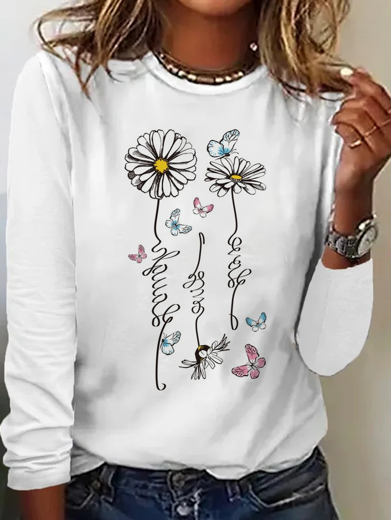 Casual Crew Neck Long Sleeve Daisy Fashion Regular T-Shirt