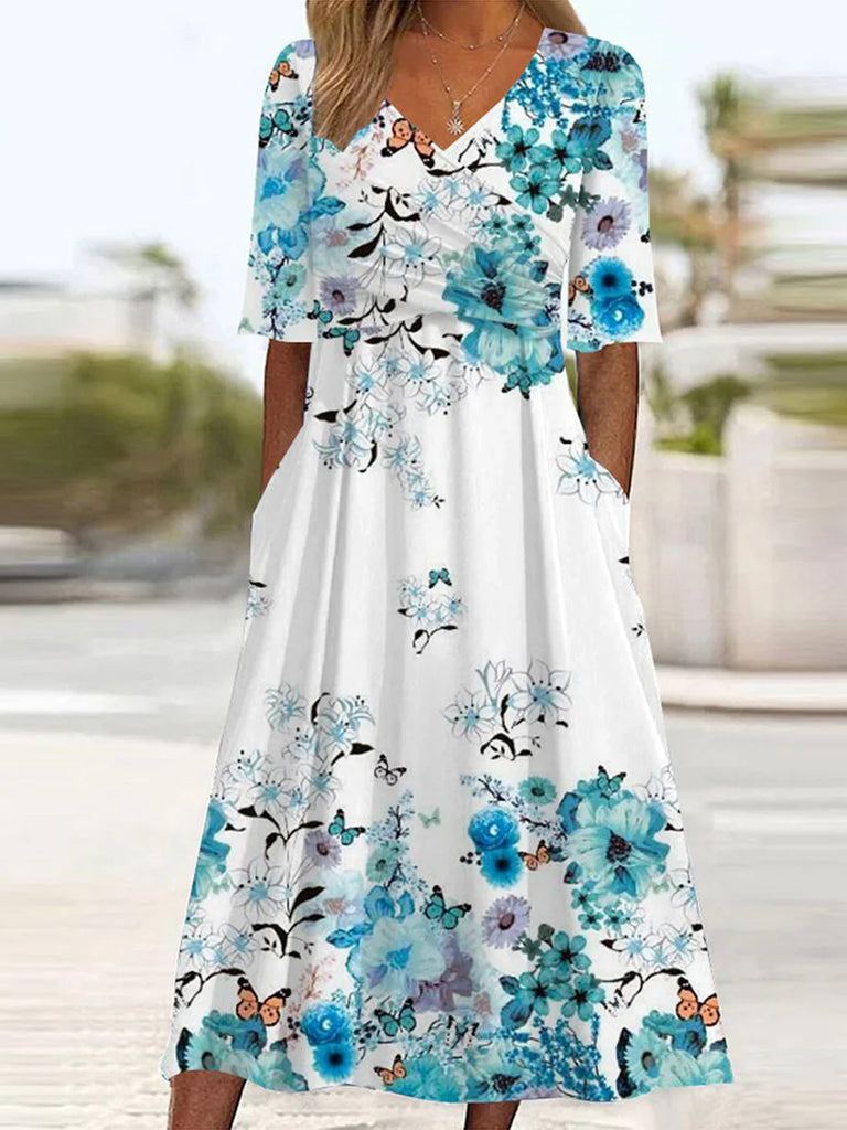 Fashion Half Sleeve V Neck Floral Cross Loose Maxi Dress