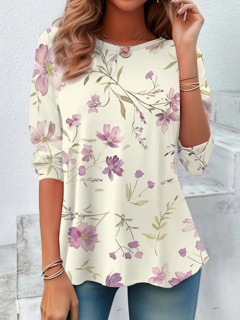 Fashion Crew Neck Long Sleeve Floral Casual Regular Blouses