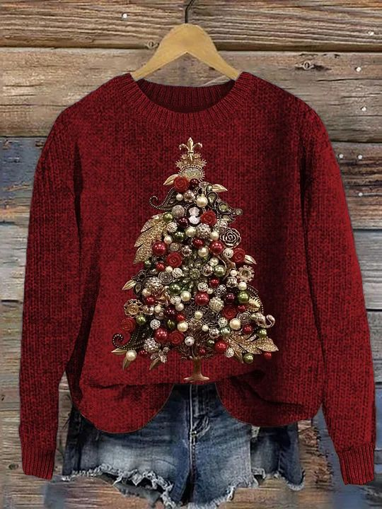 Simple Crew Neck Long Sleeve Christmas Tree Loose Regular Sweater