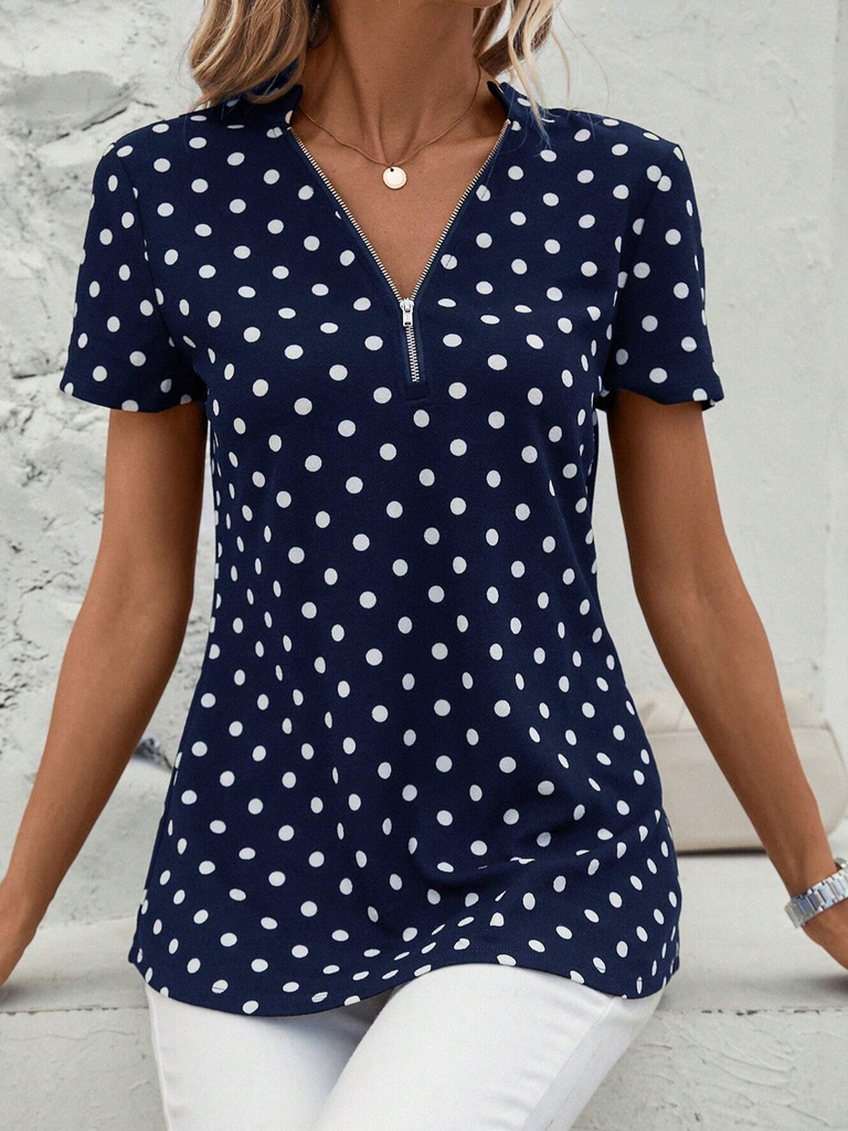 V Neck Short Sleeve Polka Dots Zipper Fashion Regular Blouse