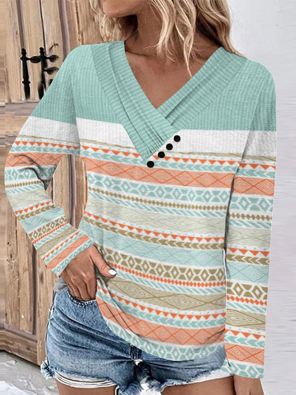 Fashion V Neck Long Sleeve Striped Loose Regular T-Shirt