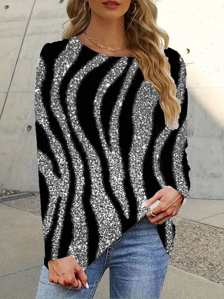 Fashion Crew Neck Long Sleeve Geometric Casual Regular T-Shirt