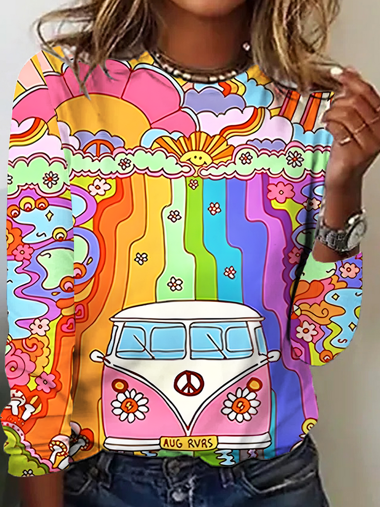 Fashion Crew Neck Long Sleeve Painting Casual Regular T-Shirt
