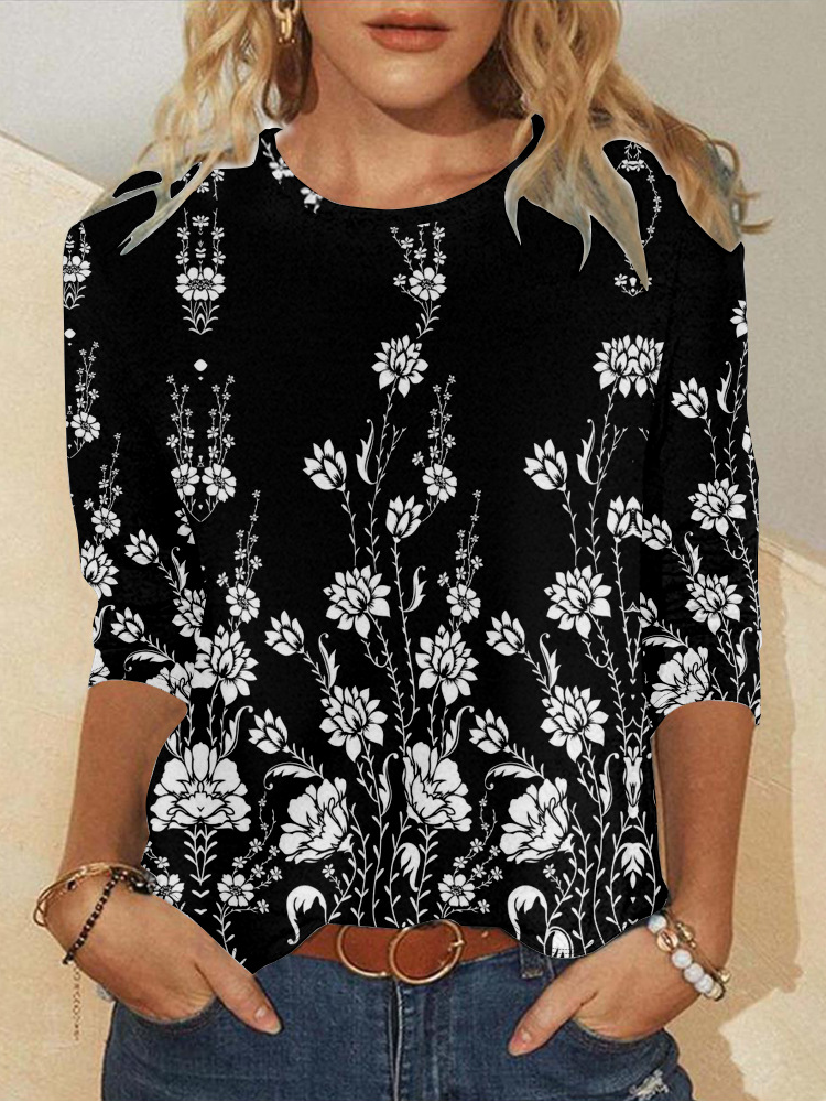 Fashion Crew Neck Long Sleeve Floral Casual Regular T-Shirt