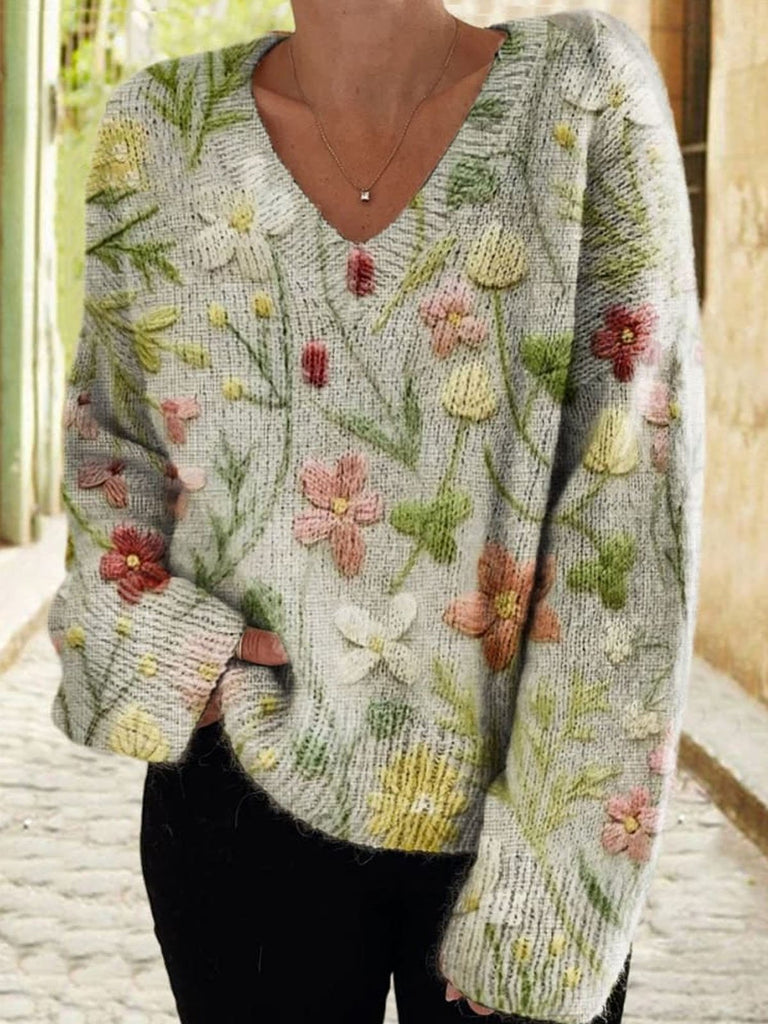 Loose V Neck Long Sleeve Floral Printing Fashion Regular Blouse
