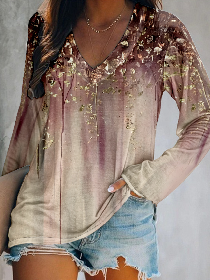 Fashion V Neck Long Sleeve Floral Casual Regular T-Shirt
