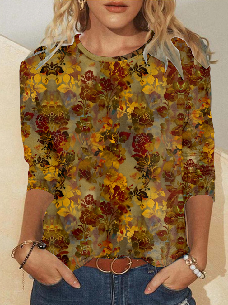Casual Crew Neck Long Sleeve Floral Fashion Regular T-Shirt