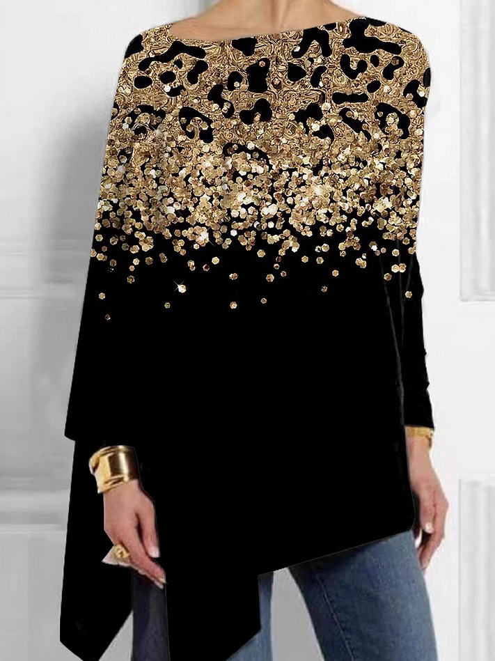 Fashion Crew Neck Long Sleeve Color Block Loose Mid-Long Blouses