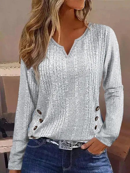 Fashion Long Sleeve Notched Plain Loose Regular T-Shirt