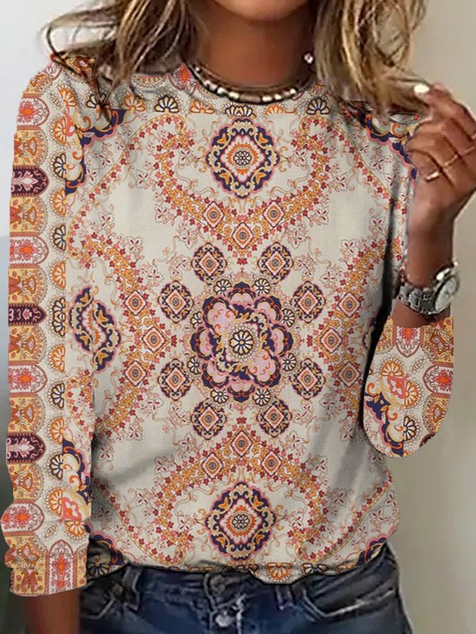 Casual Crew Neck Long Sleeve Nationality Fashion Regular T-Shirt