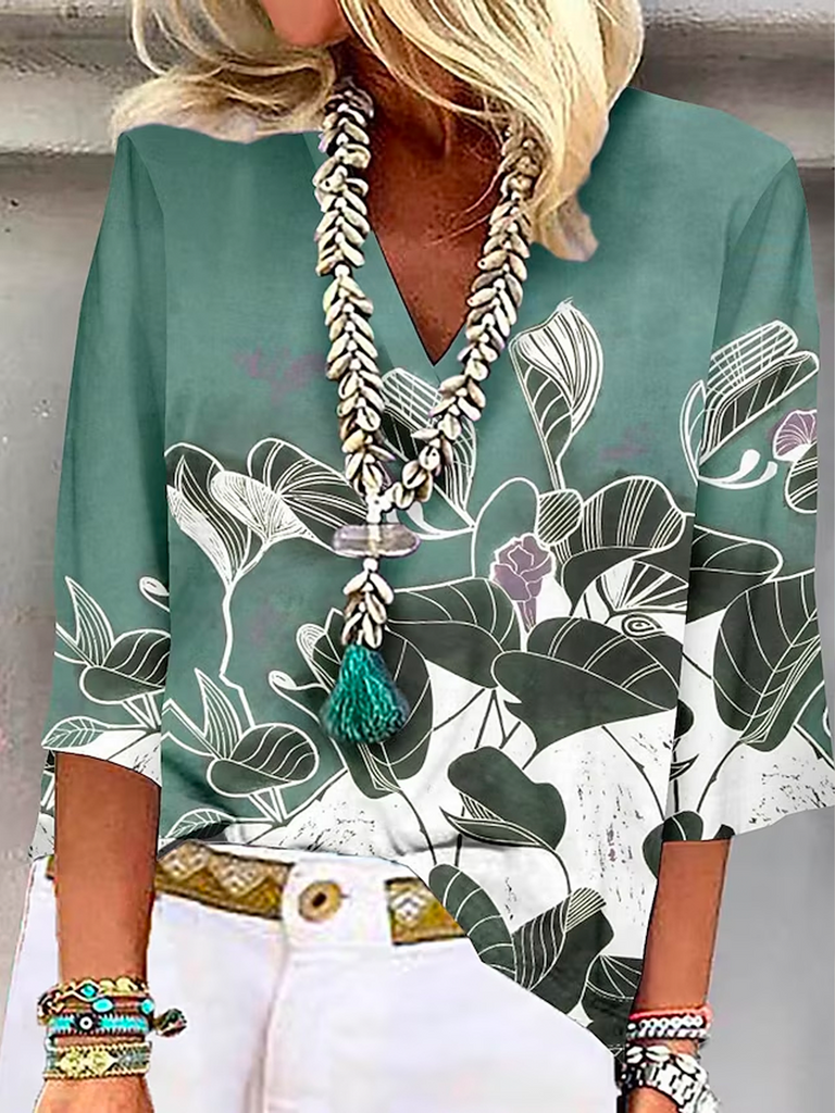 Loose 3/4 Sleeve V Neck Floral Fashion Regular Blouse