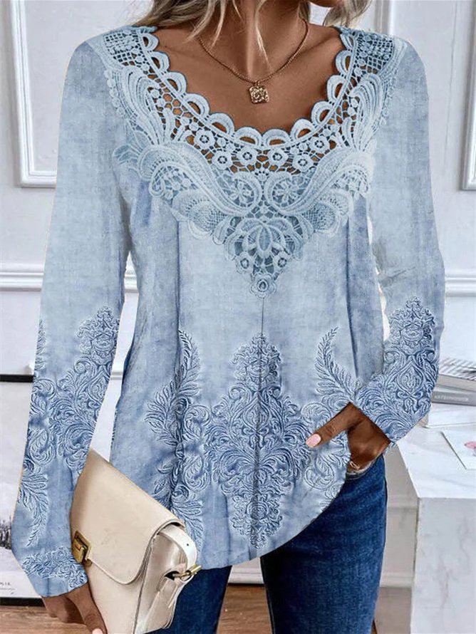 Loose Crew Neck Long Sleeve Random Print Fashion Mid-Long Blouse