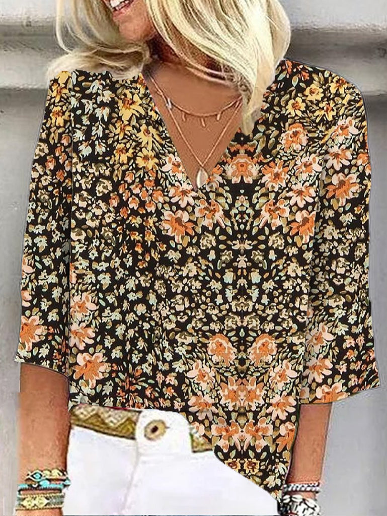 Fashion 3/4 Sleeve V Neck Floral Loose Regular Blouse
