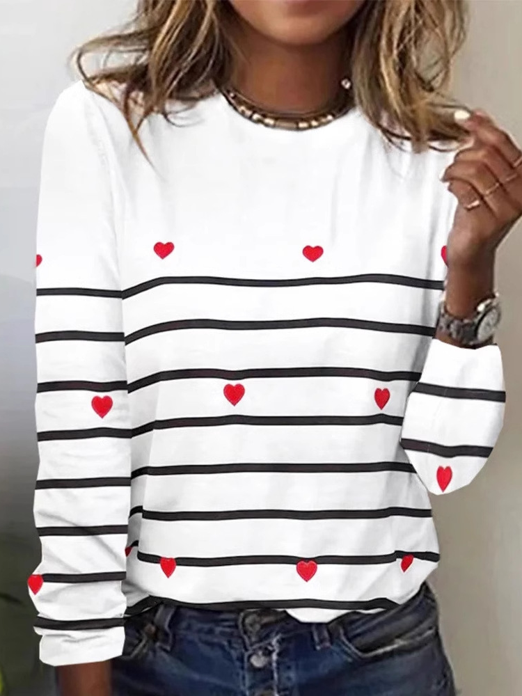 Loose Crew Neck Long Sleeve Striped Floral Fashion Regular T-Shirt