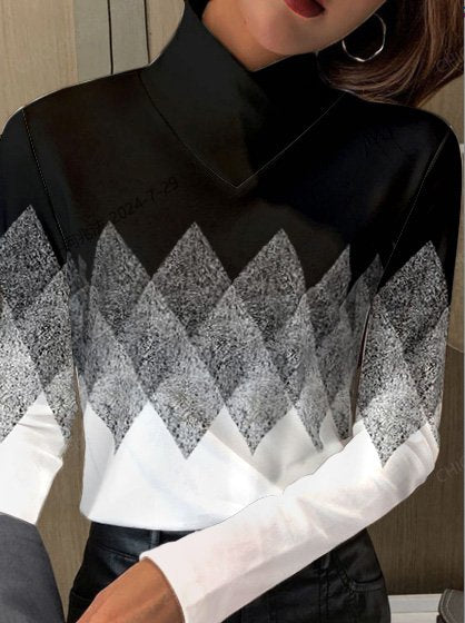 Plus Size Fashion Long Sleeve Geometric Regular Blouse