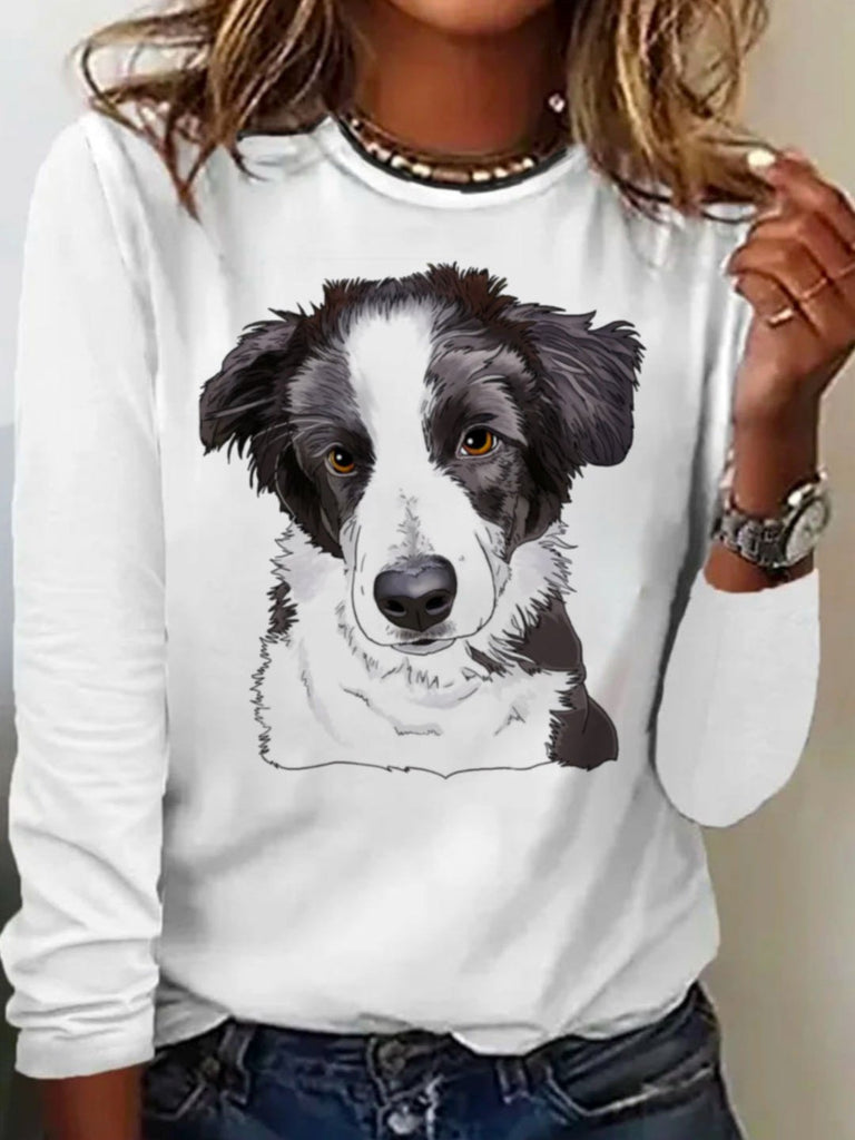 Fashion Crew Neck Long Sleeve Dog Casual Regular T-Shirt