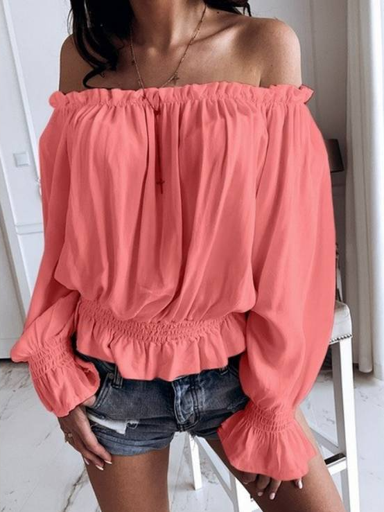 Loose Long Sleeve Off The Shoulder Plain Fashion Regular Blouse