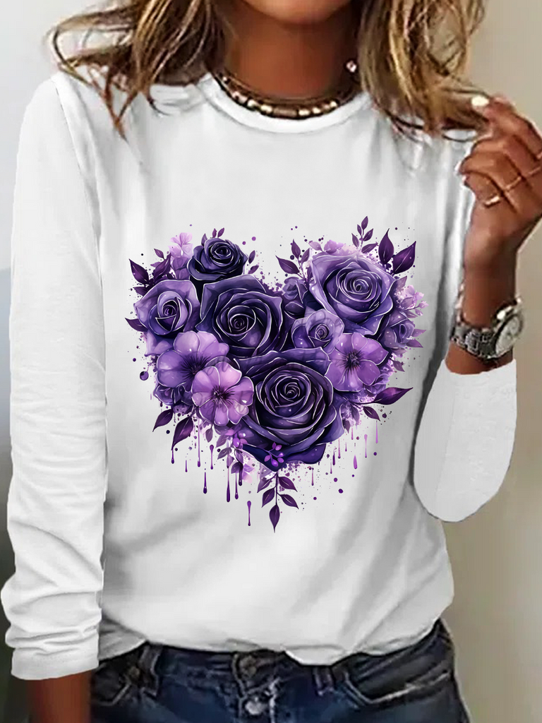 Fashion Crew Neck Long Sleeve Heart/Cordate Casual Regular T-Shirt