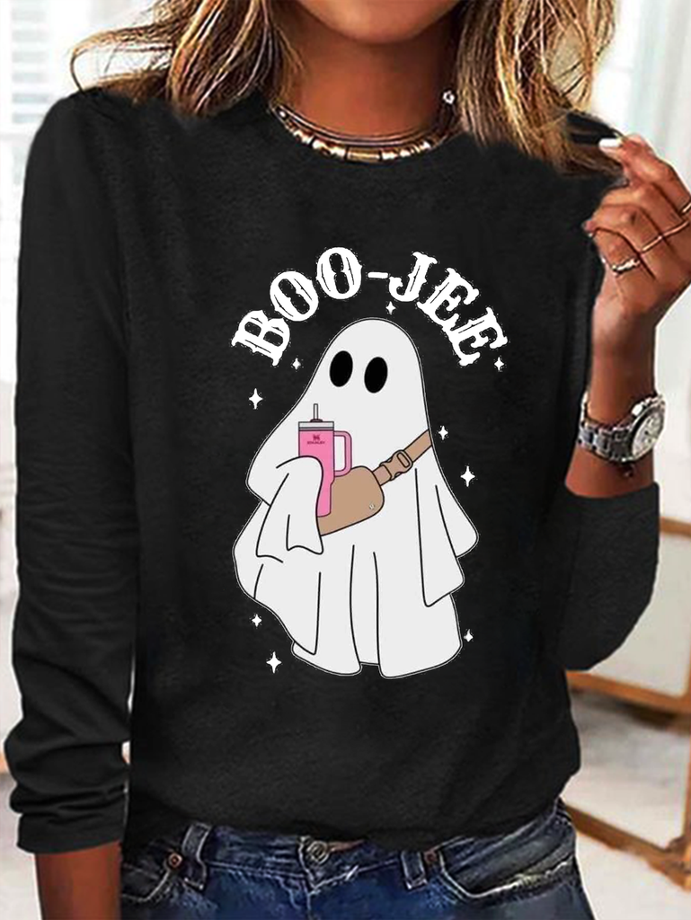 Loose Crew Neck Long Sleeve Text Letters Fashion Regular T-Shirt