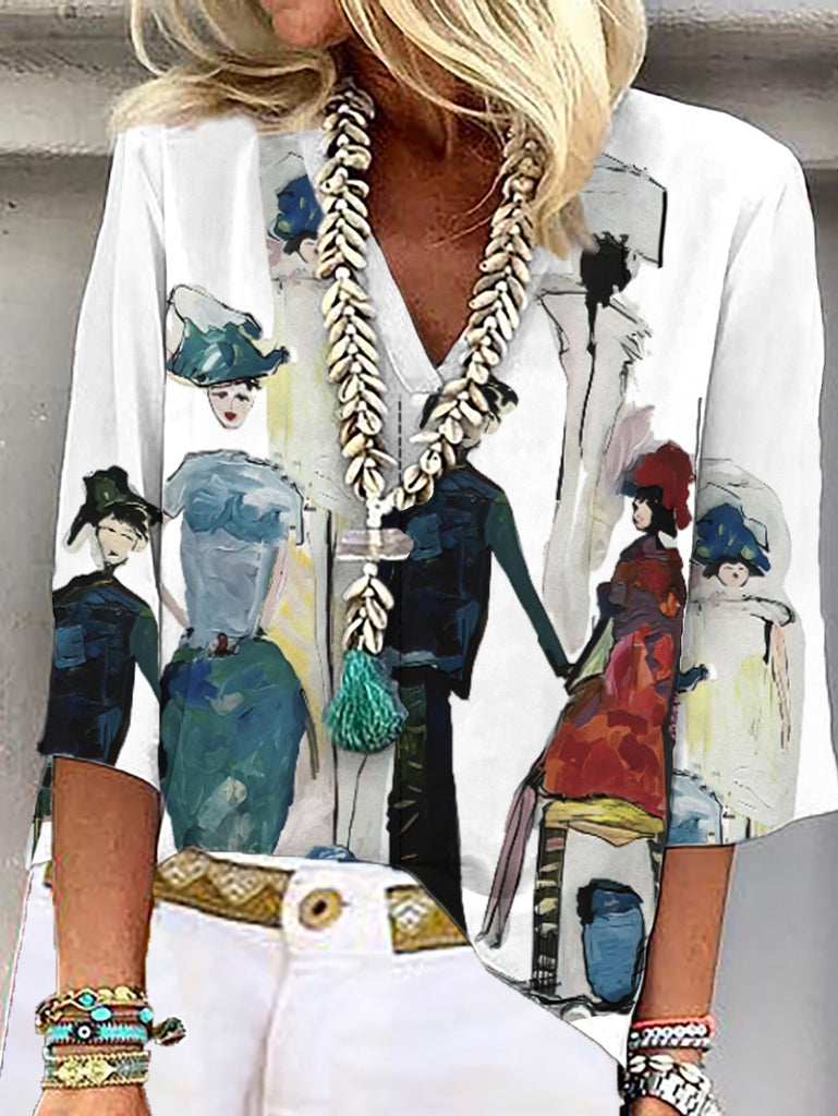 Fashion 3/4 Sleeve V Neck Painting Loose Regular Blouse