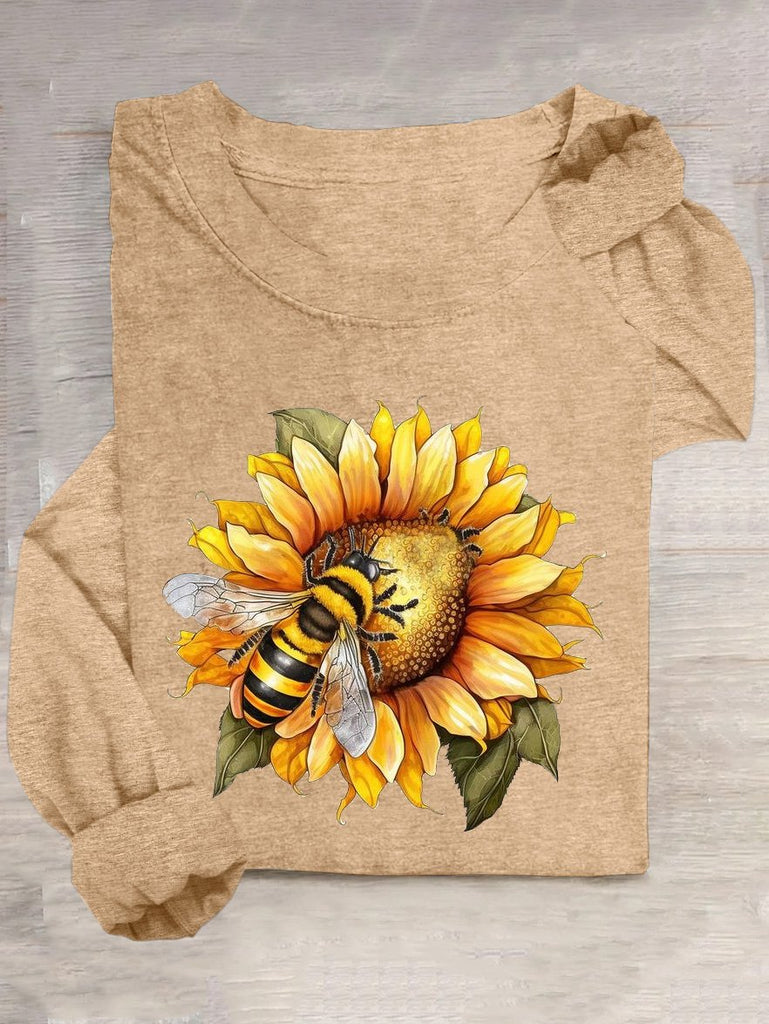 Fashion Crew Neck Long Sleeve Sunflower Loose Regular T-Shirt