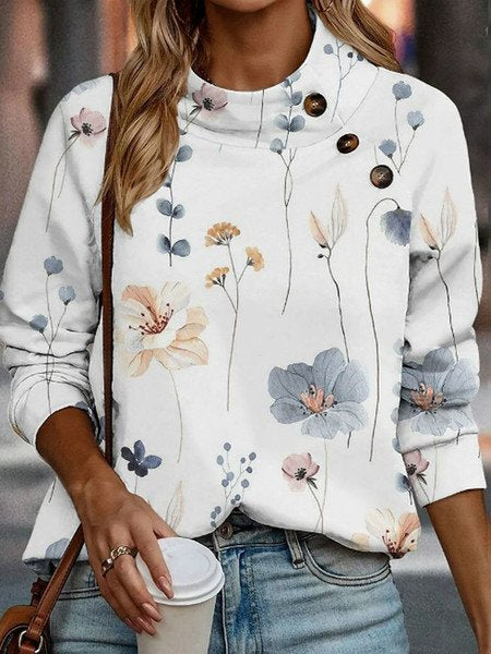 Fashion Long Sleeve Stand Collar Floral Loose Regular Sweater