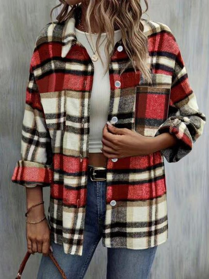 Loose Shawl Collar Long Sleeve Plaid Fashion Regular Jacket