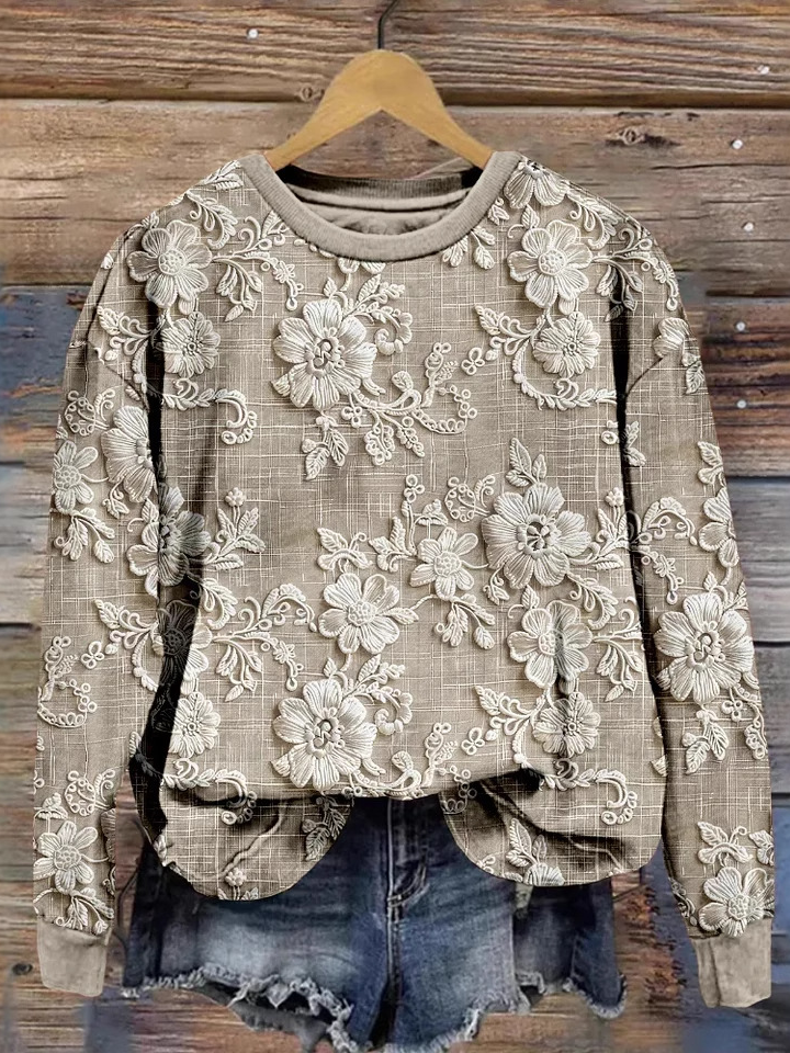 Fashion Crew Neck Long Sleeve Ethnic Floral Casual Regular Sweatshirt