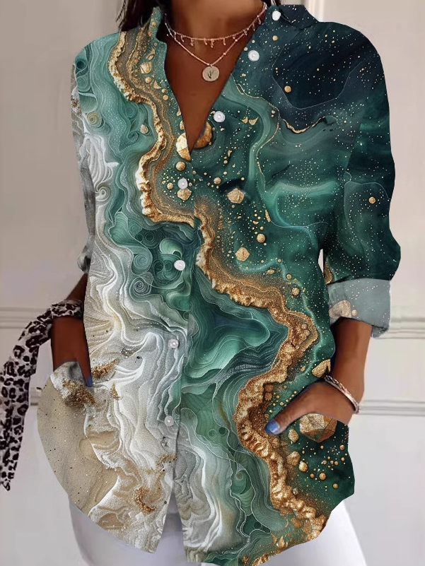 Fashion Long Sleeve Shirt Collar Geometric Floral Loose Regular Shirt