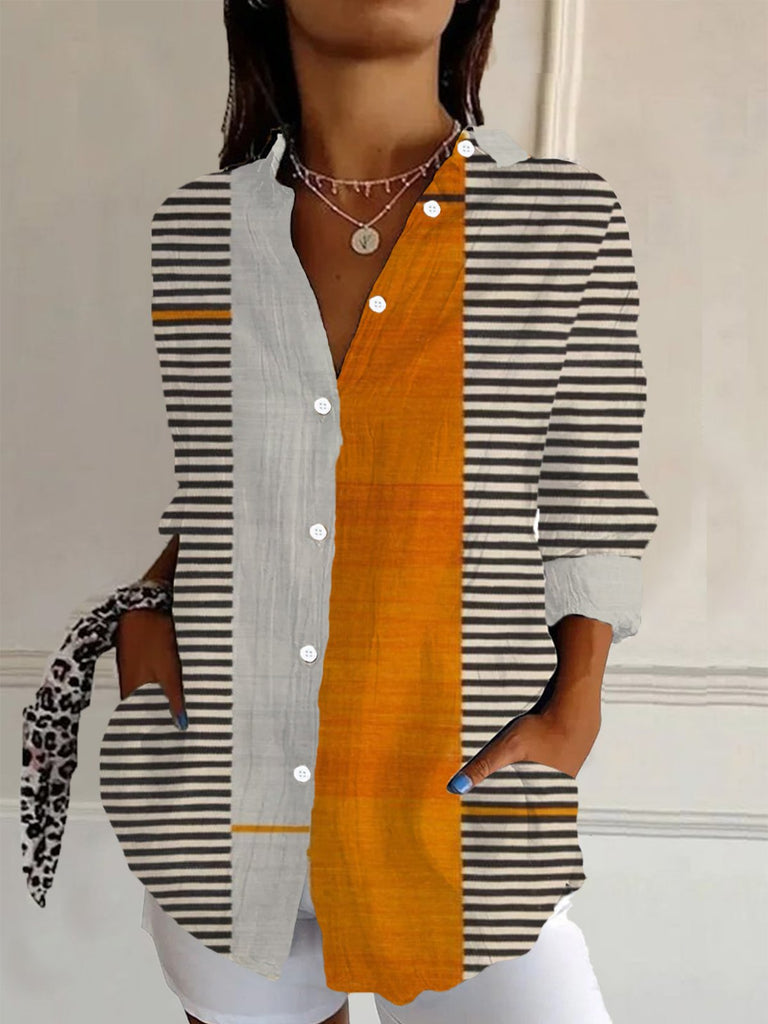 Loose Long Sleeve Shirt Collar Striped Fashion Regular T-Shirt