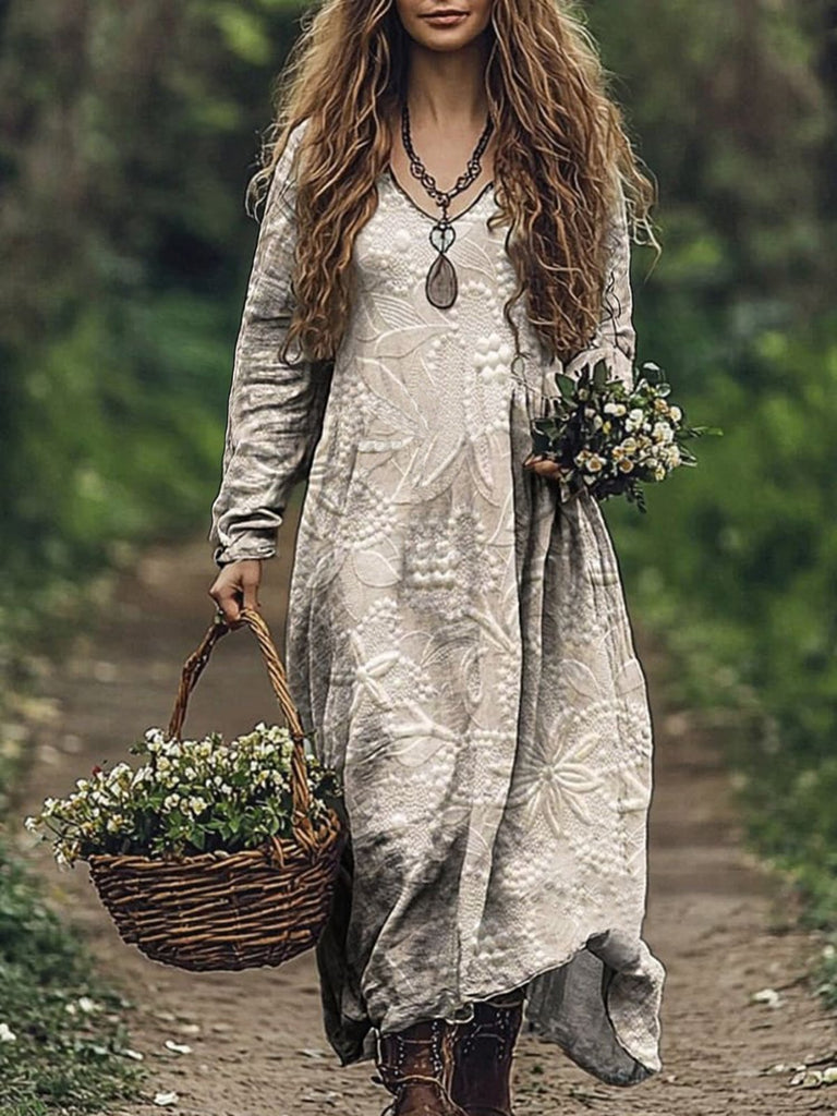 Fashion V Neck Long Sleeve Floral Maxi Dress