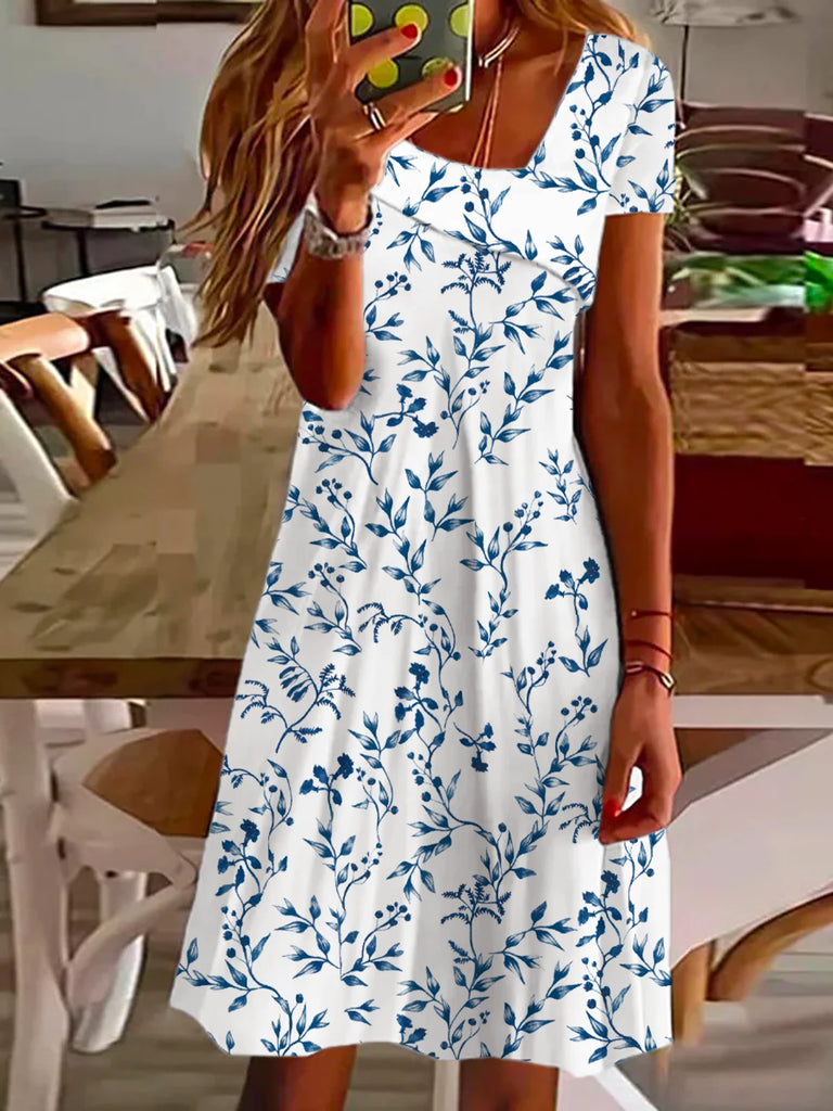 Fashion Short Sleeve Asymmetrical Leaf Loose Short Dress