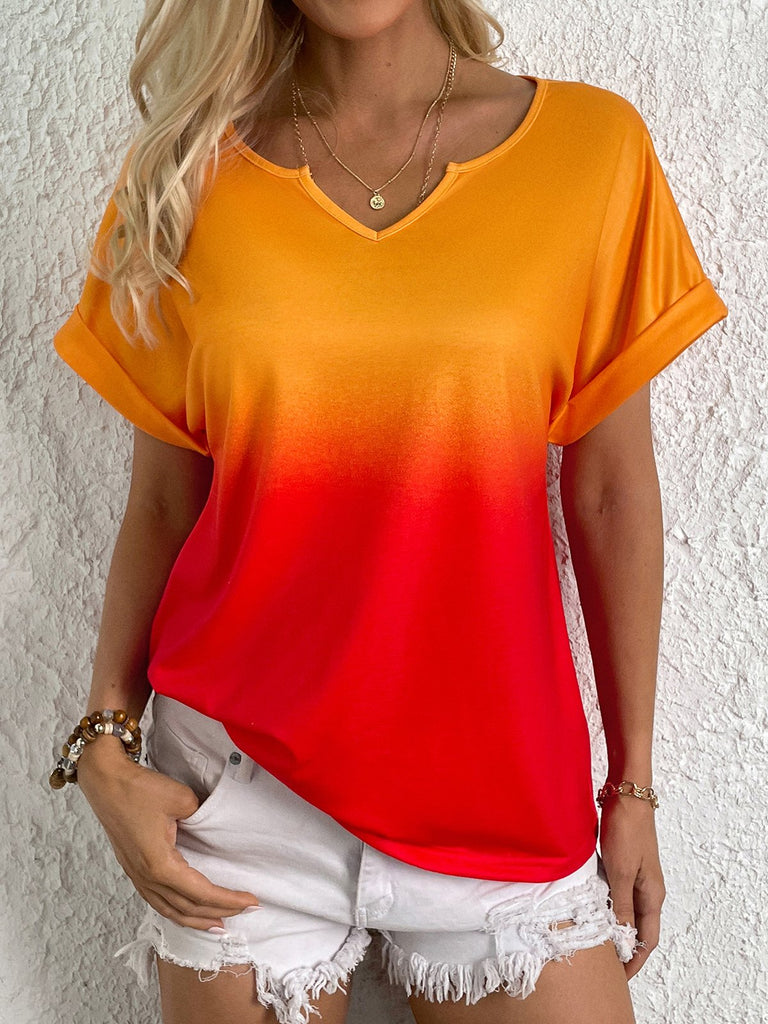 Fashion Short Sleeve Notched Ombre Loose Mid-Long Blouse