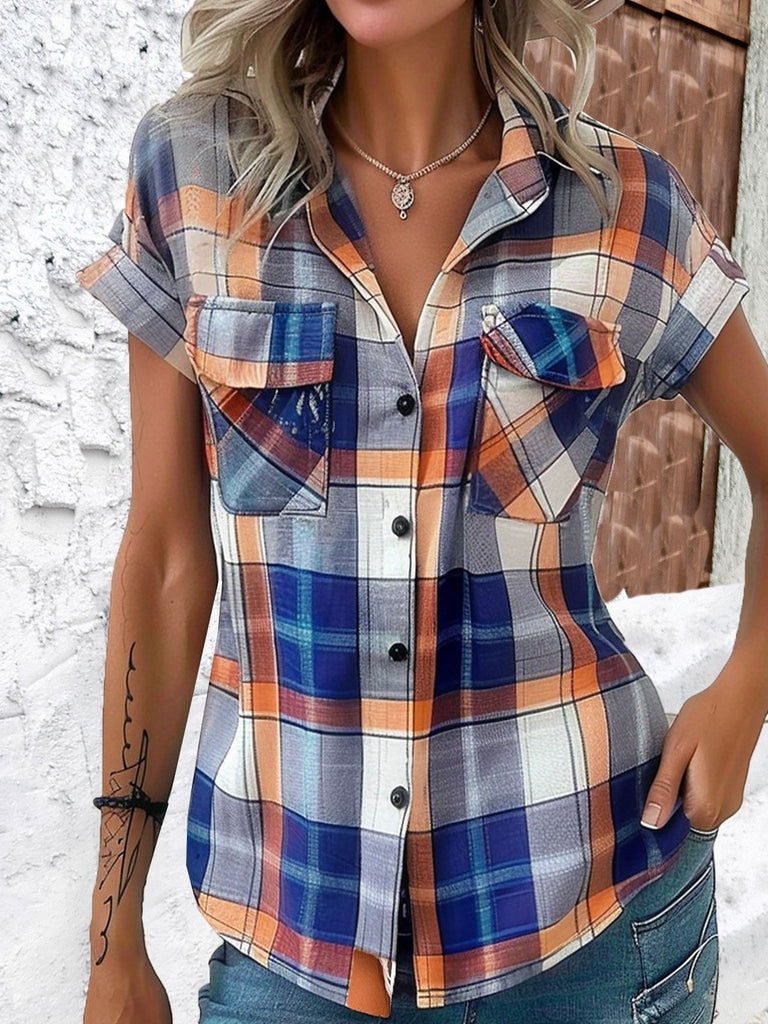 Fashion Short Sleeve Shirt Collar Plain Loose Regular Shirt