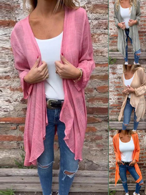 Loose V Neck Long Sleeve Plain Fashion Mid-Long Cardigan