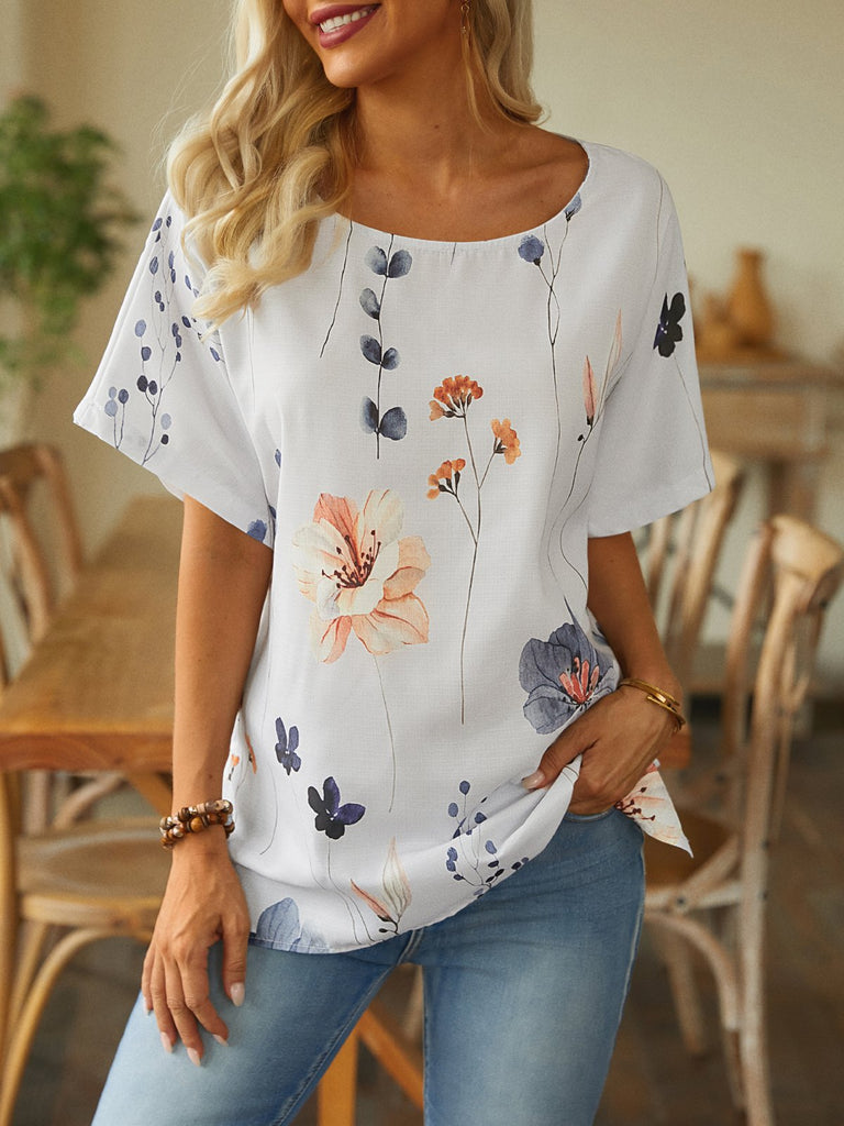 Fashion Short Sleeve Crew Neck Floral Loose Regular Blouse